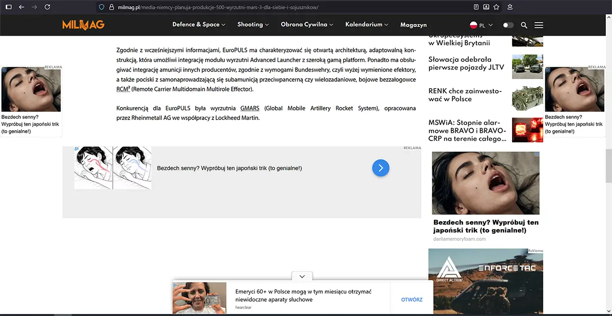 Przykład niedopasowanych reklam Google AdSense na portalu militarnym – aparaty słuchowe zamiast reklam militarnych